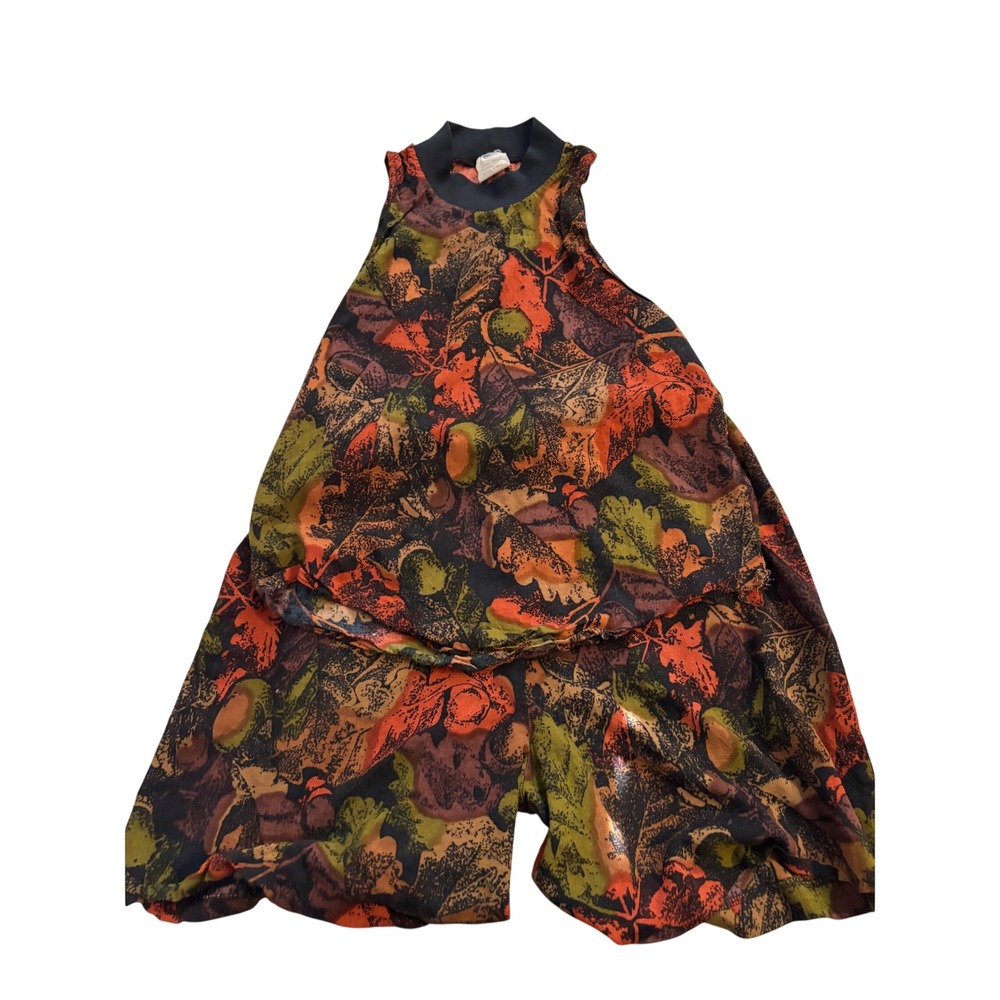 Vintage 2 Piece Set Leaf Print Mock Neck Top & Shorts Orange Green Rayon 9